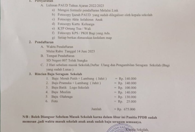 PPDB 2023 SD di Desa Teluk Sungka Pungut Biaya Seragam, Orang Tua Keberatan