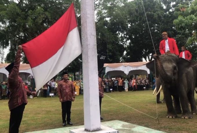 Unik, BKSDA Riau Libatkan Tiga Gajah Pengibaran Bendera