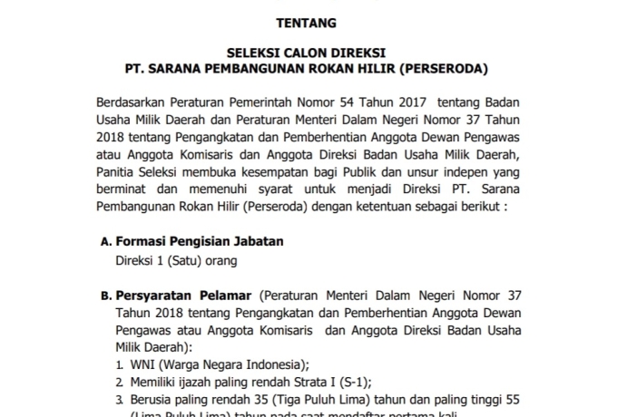 Pemkab Rohil Buka Seleksi Calon Direksi PT Sarana Pembangunan Rokan Hilir