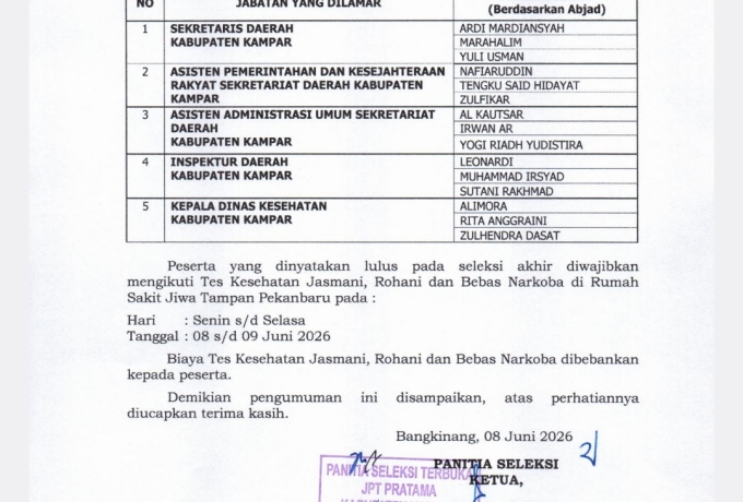 BKPSDM Kampar: Hasil Seleksi JPT Segera Diserahkan ke Pimpinan Daerah