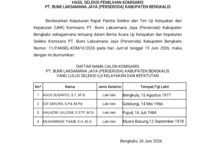 Empat Calon Komisaris PT Bumi Laksamana Jaya Bengkalis Lulus Uji Kelayakan