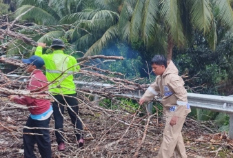 Sigap, Dua Bhabinkamtibmas Serasan Timur Bantu Evakuasi Pohon Tumbang saat Kondisi Ekstrem
