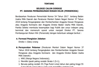 Pemkab Rohil Buka Seleksi Calon Direksi PT Sarana Pembangunan Rokan Hilir